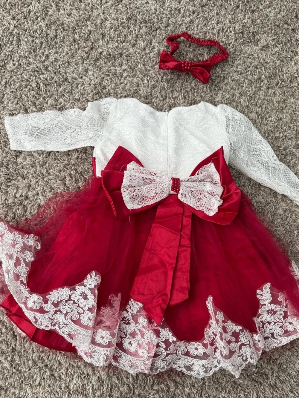 12-18 month beautiful White & Red Lace Tulle Party Dress with Bow